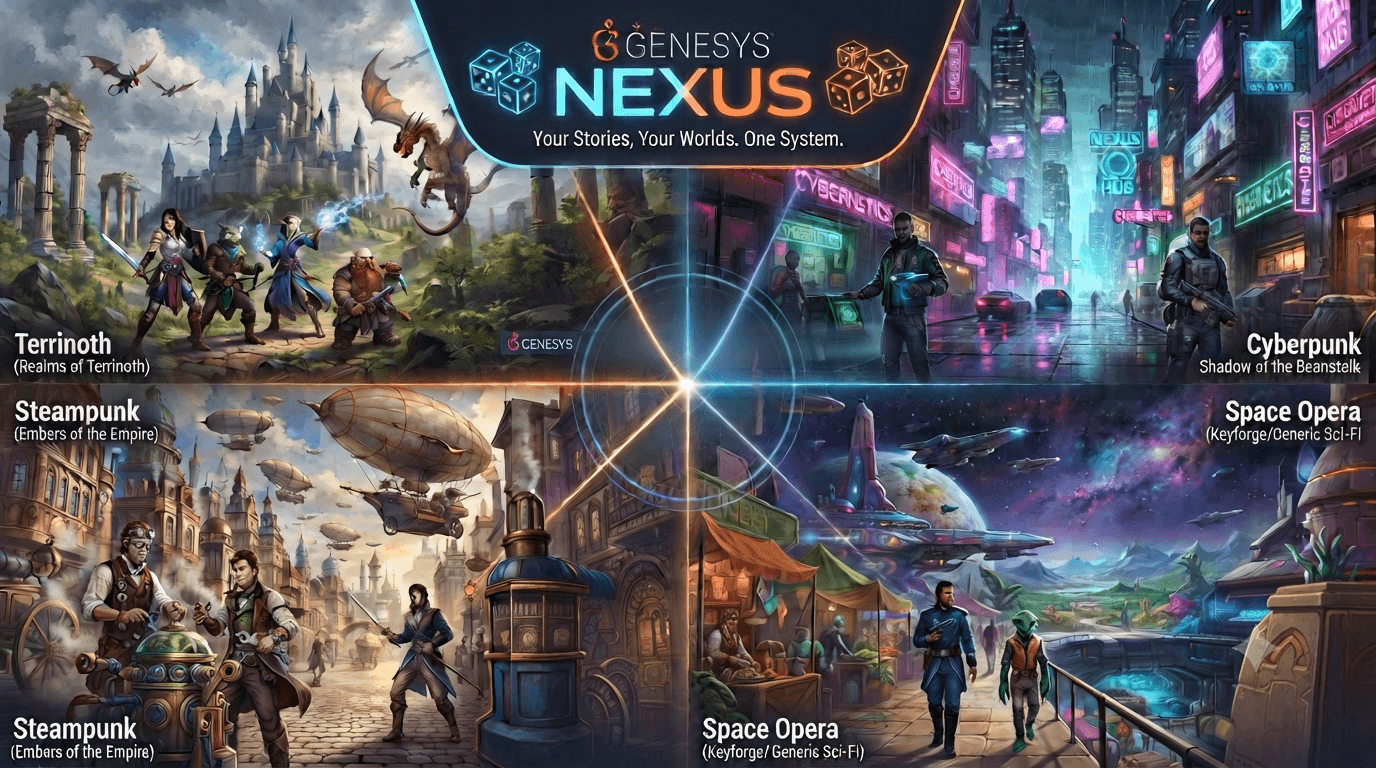 Genesys worlds — fantasy, cyberpunk, steampunk, and space opera